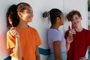 A imagem mostra três adolescentes em um ambiente externo, aproveitando um momento de descontração sob o sol. Eles estão sorrindo e segurando pirulitos em formato de fatia de melancia, sugerindo um cenário típico de verão, juventude e amizade. O fundo claro e a iluminação natural transmitem leveza, calor e alegria, reforçando a ideia de tempo de qualidade entre amigos. Ideal para conteúdos sobre verão, juventude, amizade, estilo de vida saudável ou campanhas publicitárias voltadas para o público jovem.