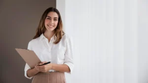 Mulher da área de RH financeiro segurando uma pasta de documentos