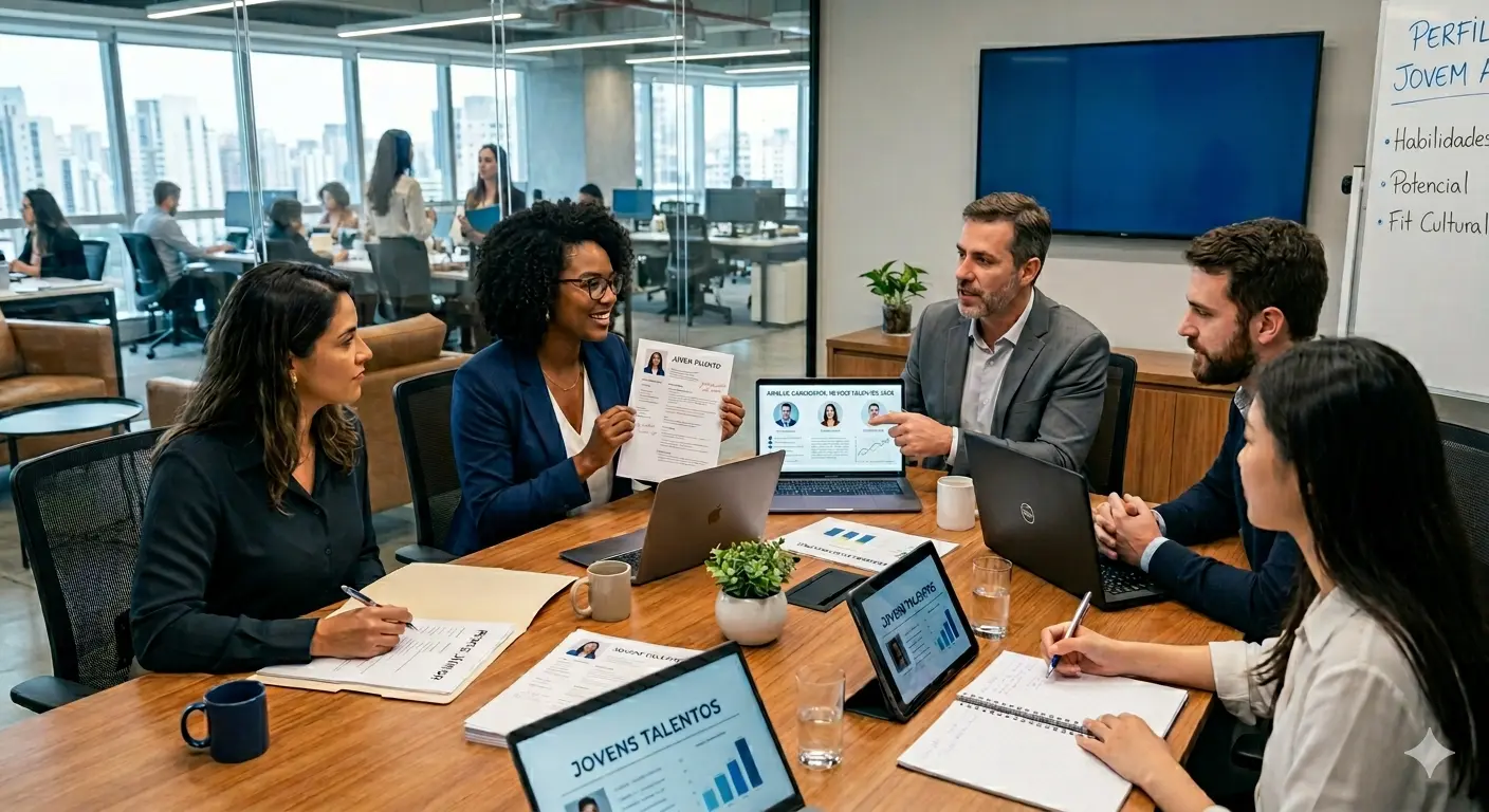 Equipe corporativa analisando contratação de jovens talentos