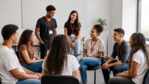 Grupo diverso de jovens aprendizes reunidos em roda de conversa, sorrindo e interagindo em sala de treinamento